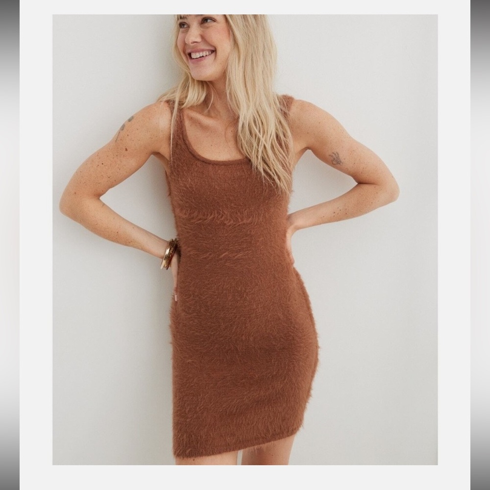 Aerie Fuzzy Knit Mini Dress Brown Sleeveless Soft Cozy NWT Large